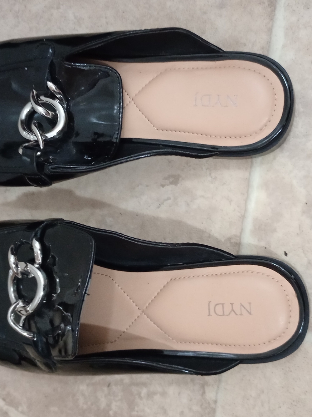 NYDJ Black Patent Slide Mules with Silver Chain Accent Size 9M